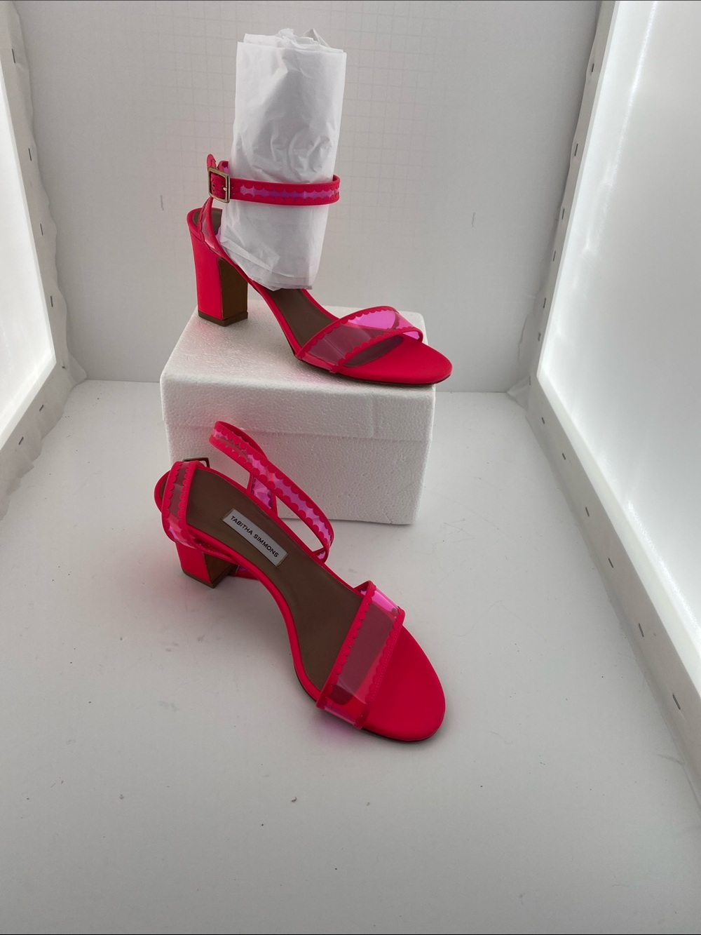 Tabitha Simmons Neon Pink Block Heel Sandals with Clear Straps
